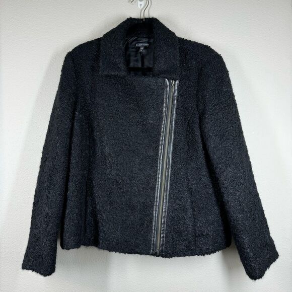 Eileen Fisher Black Suri Alpaca Wool Moto Jacket Zip Up Leather Trim Size Large - Picture 2 of 7